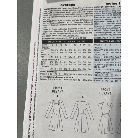 Butterick Sewing Pattern Size AA 6-12 B5281 Misses Retro 1946 Lined Dress & Belt - Picture 5 of 6